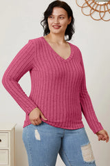 Trendsi Basic Bae Full Size Ribbed V-Neck Long Sleeve T-Shirt - Shirts