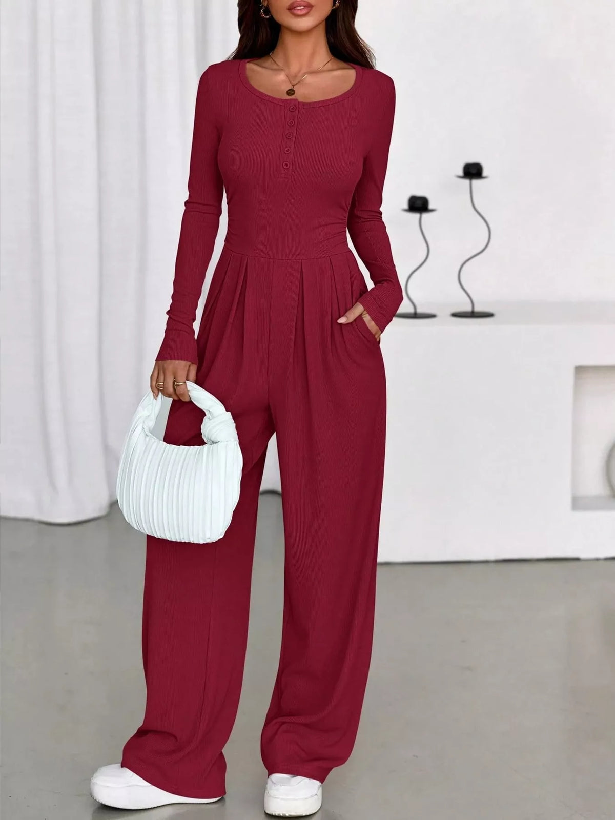 Long Sleeve Ribbed Knit Wide-Leg Jumpsuit — front view