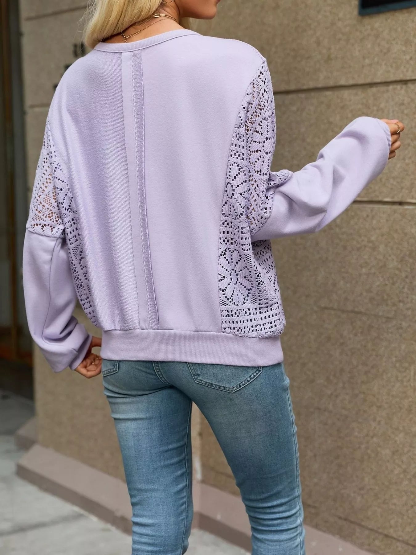 Trendsi Lace Sleeve Crew Neck Sweatshirt -