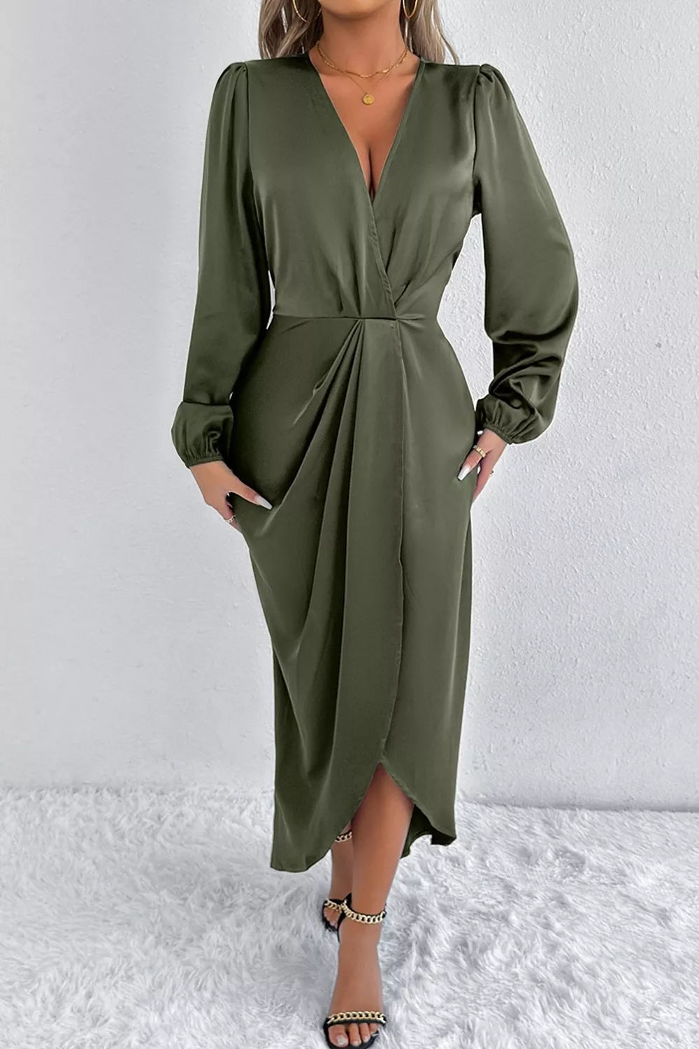 Trendsi Satin Balloon Sleeve Midi Dress -