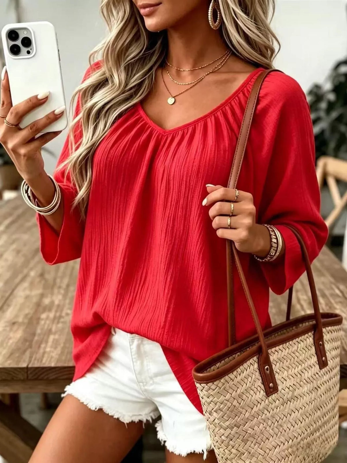 Textured V-Neck Casual T-Shirt, front view
