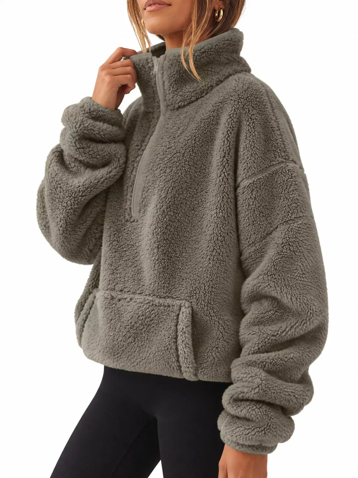 Sherpa quarter-zip sweatshirt, gray angled front