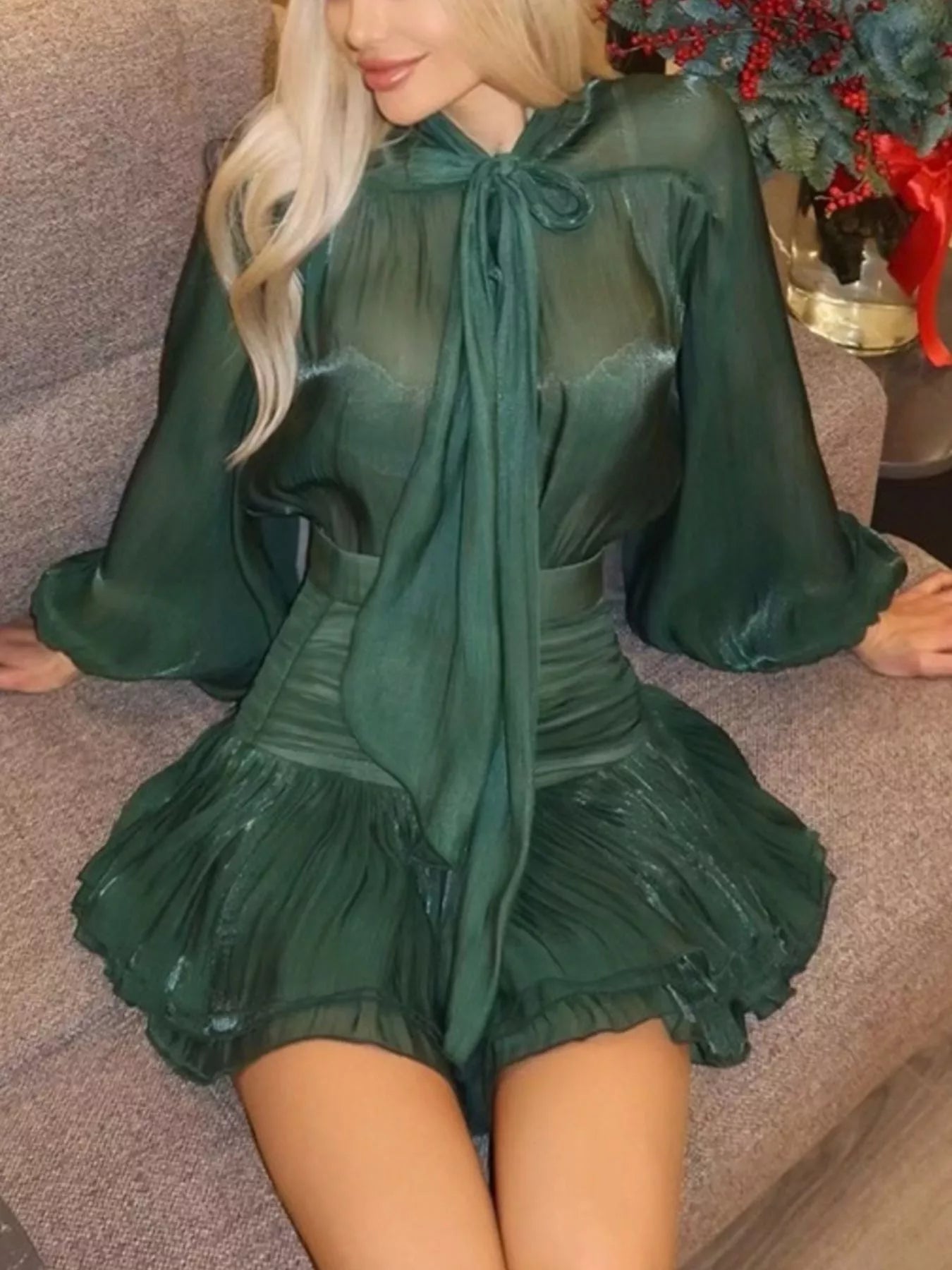Trendsi Bow-Tie Blouse and Ruffled Mini Skirt Two-Piece Set -