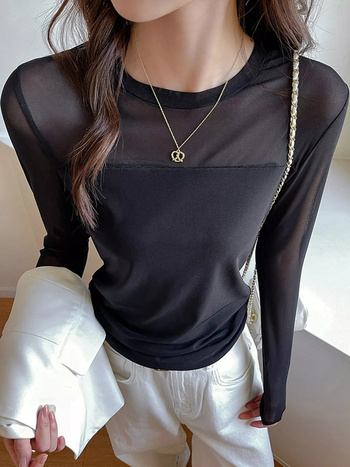 Black sheer mesh patchwork long sleeve t-shirt