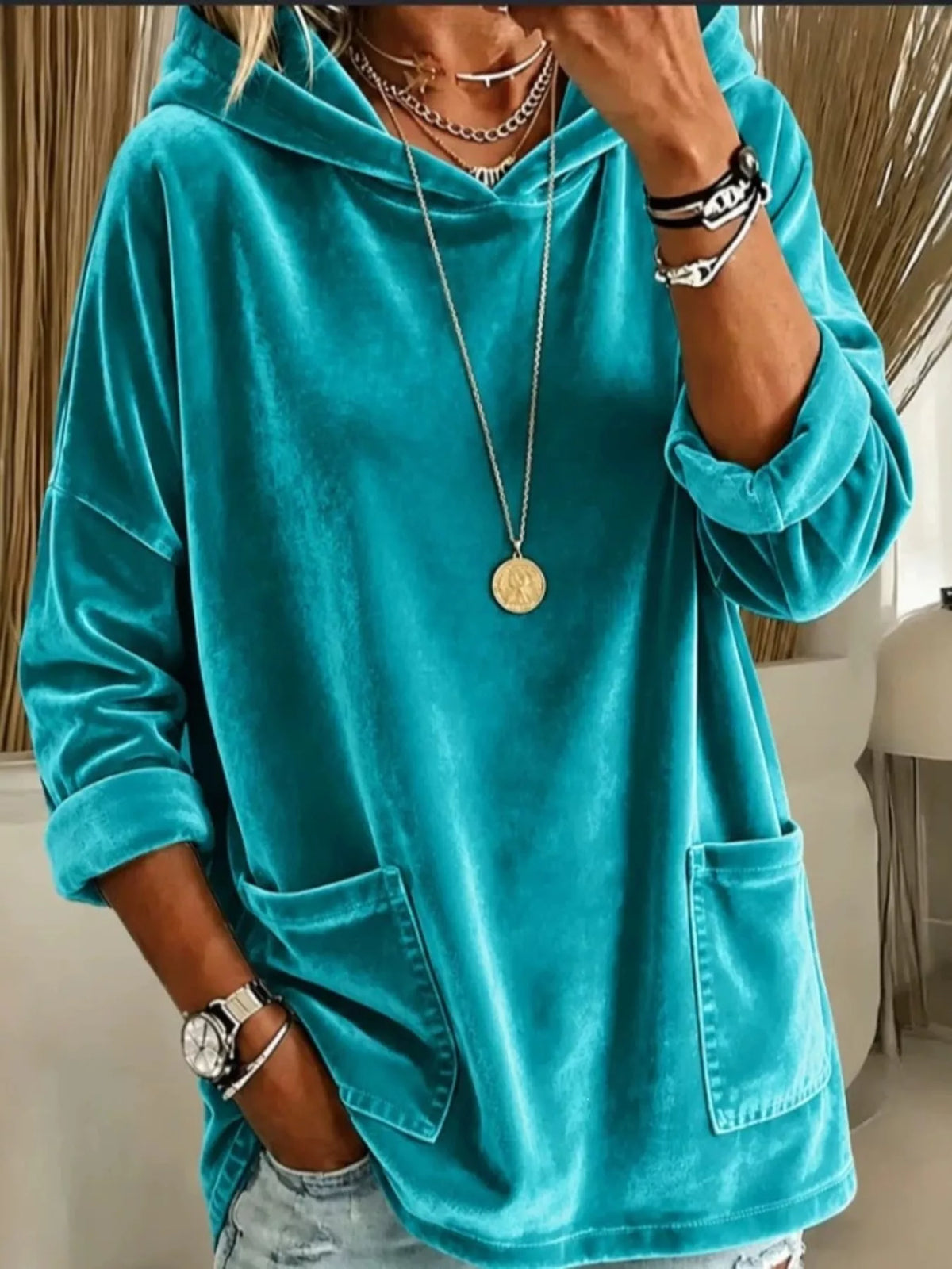 Women's Velvet Front Pockets Hoodie in Teal, front view