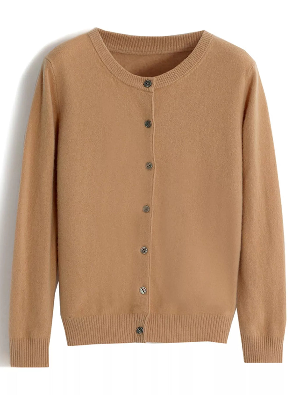 Button-down cardigan, tan hanging front