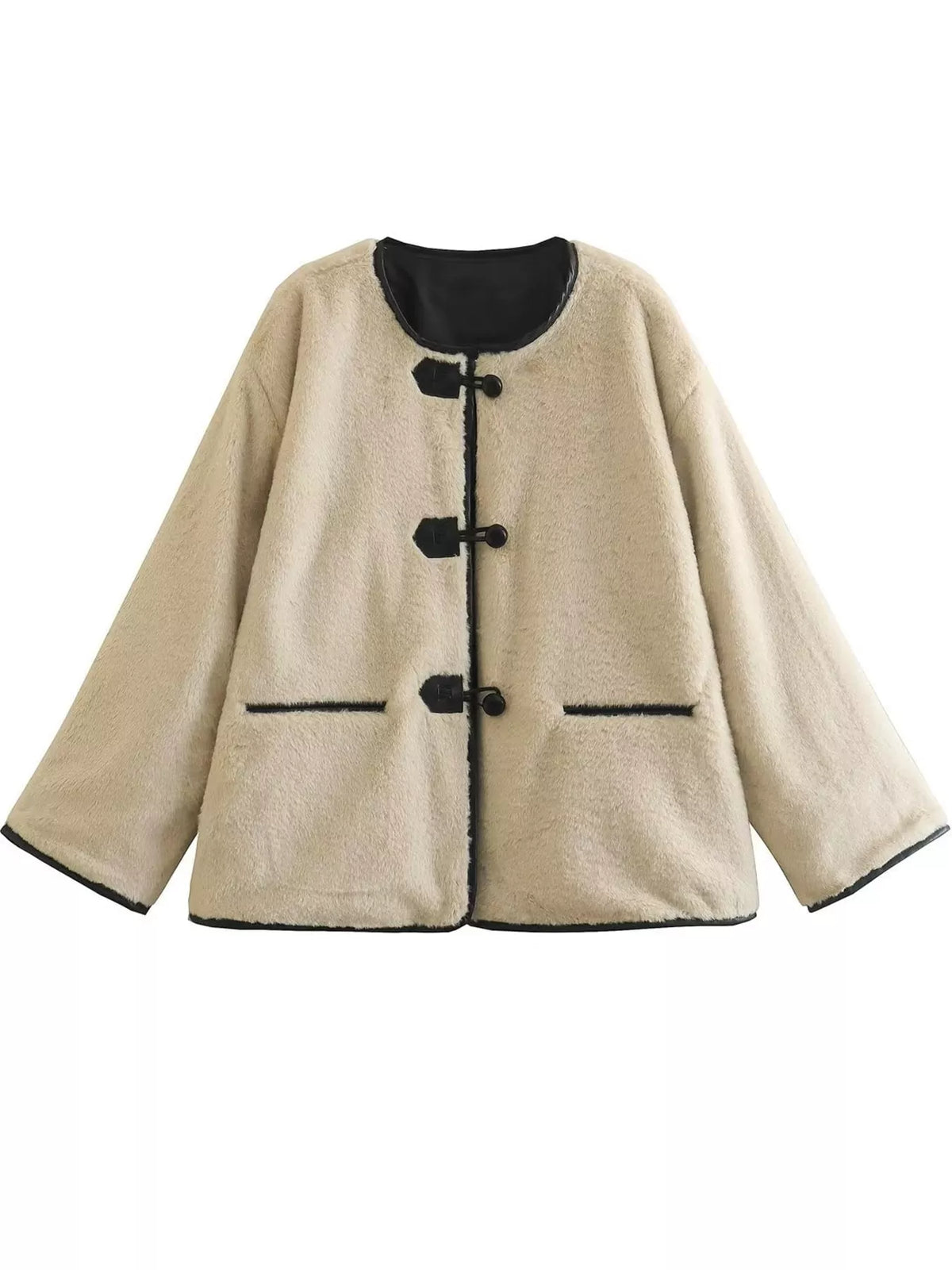 Beige faux shearling toggle coat, front view