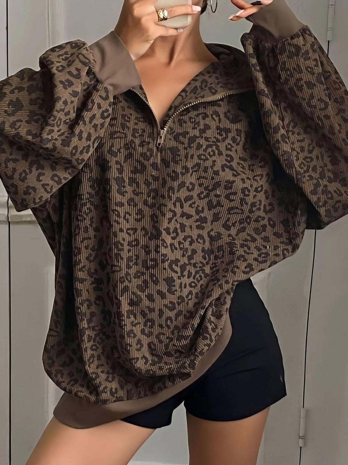 Coffee leopard print quarter-zip sweatshirt