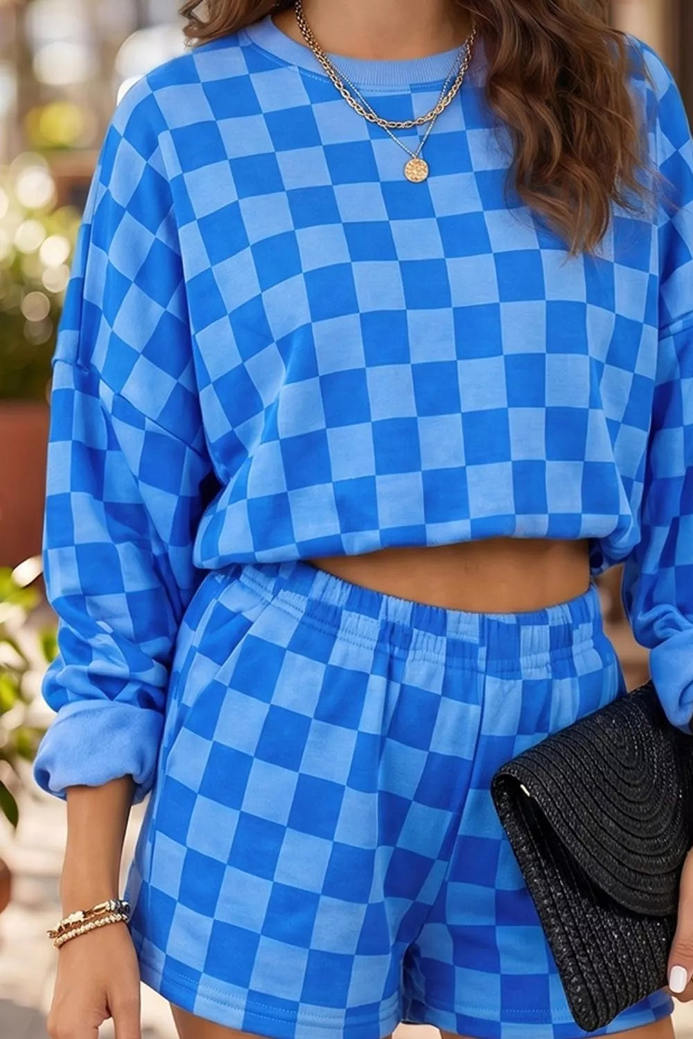Trendsi Plaid Checkered Long Sleeve Crop Top Elastic Waist Shorts Two Piece Set -