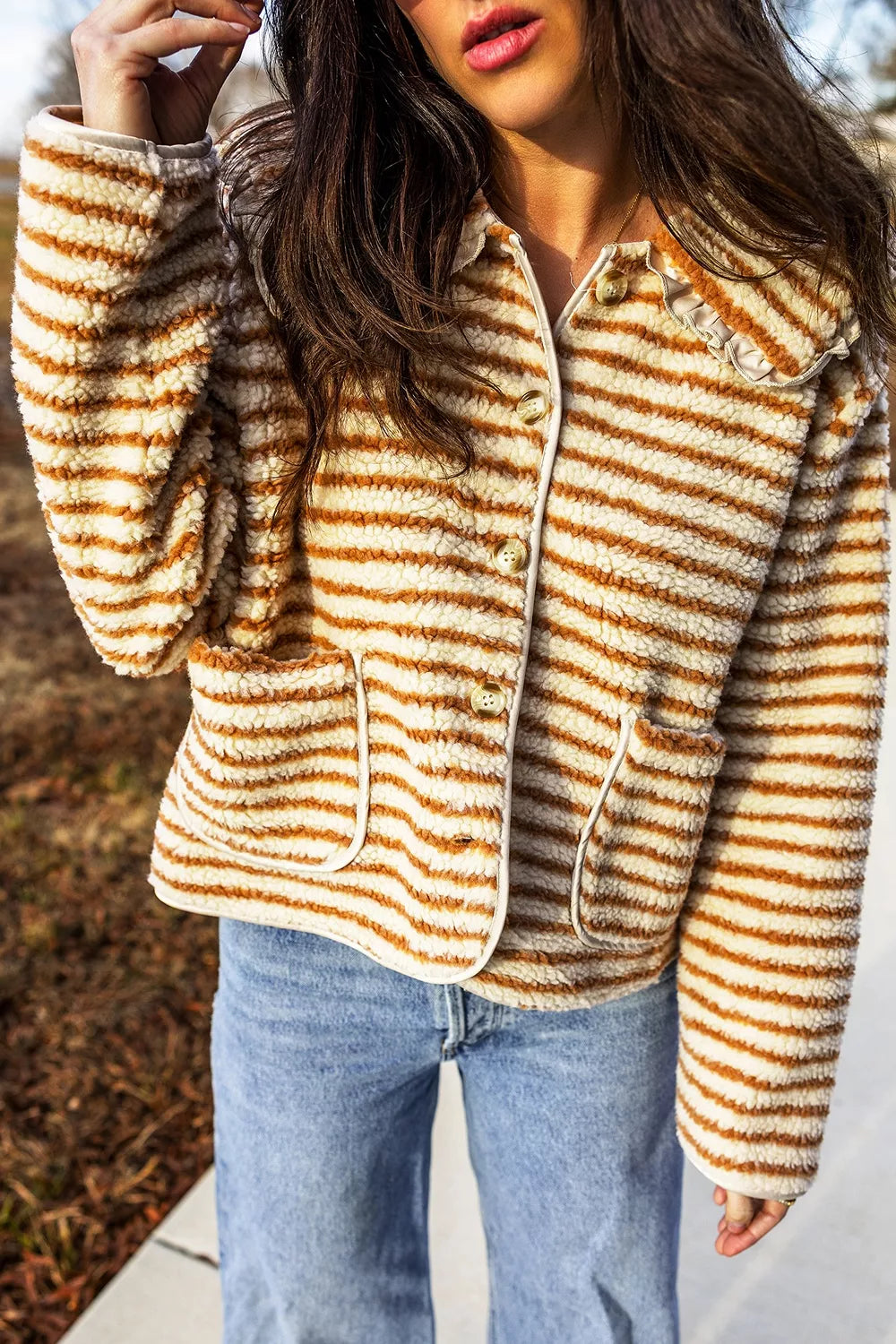 Striped fleece jacket, raised collar front