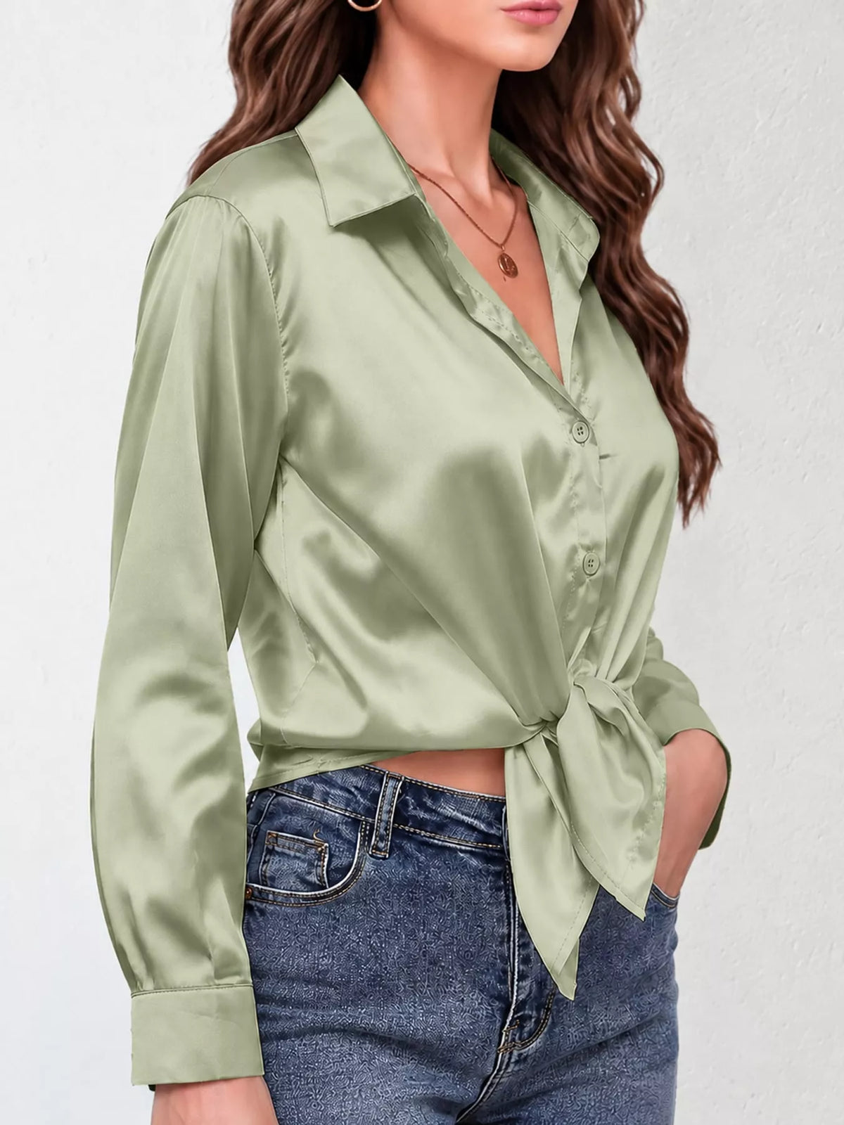 Light Green satin button-down long sleeve shirt