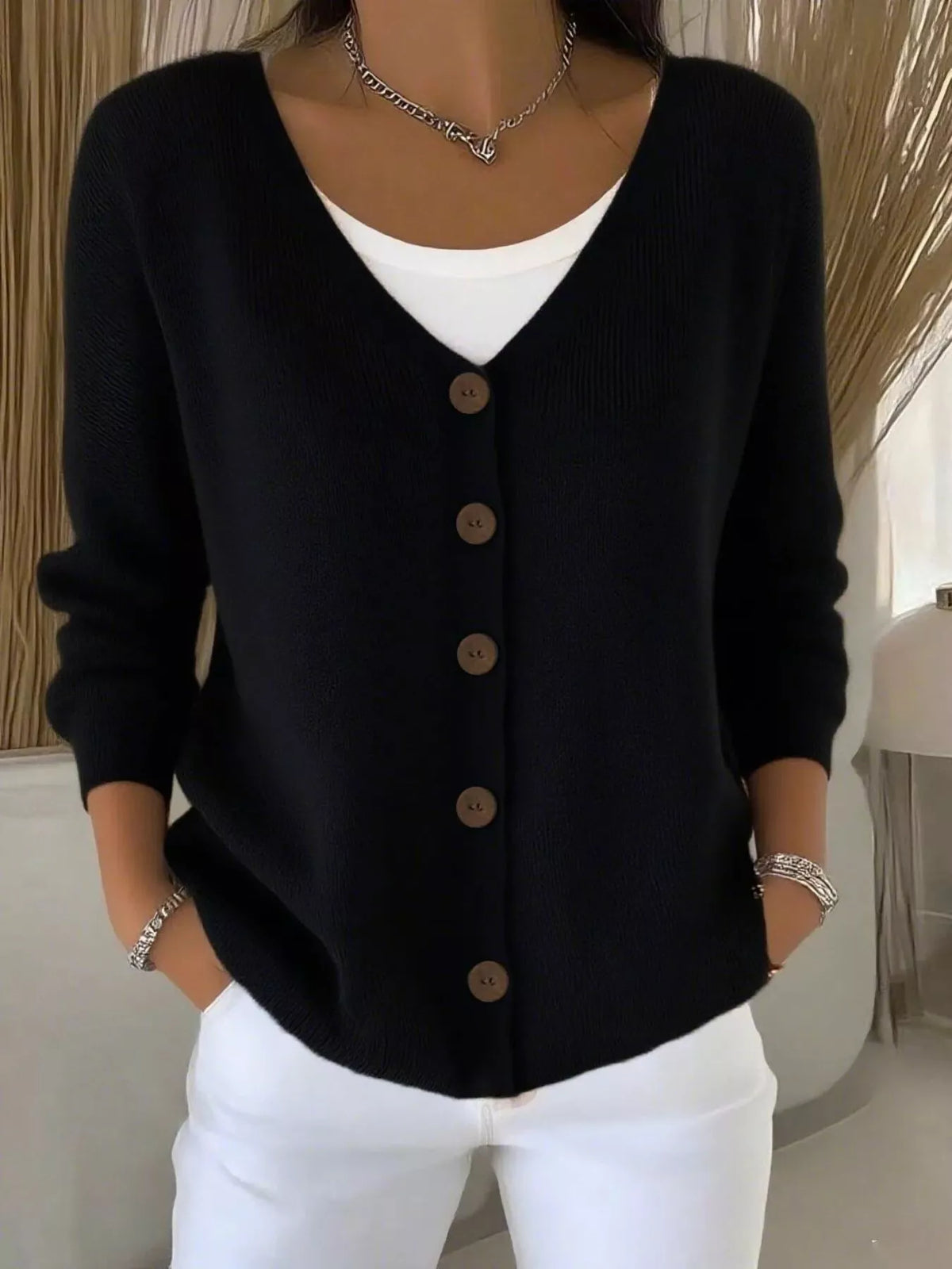 Women's V-Neck Button-Down Knit Cardigan in black — front view