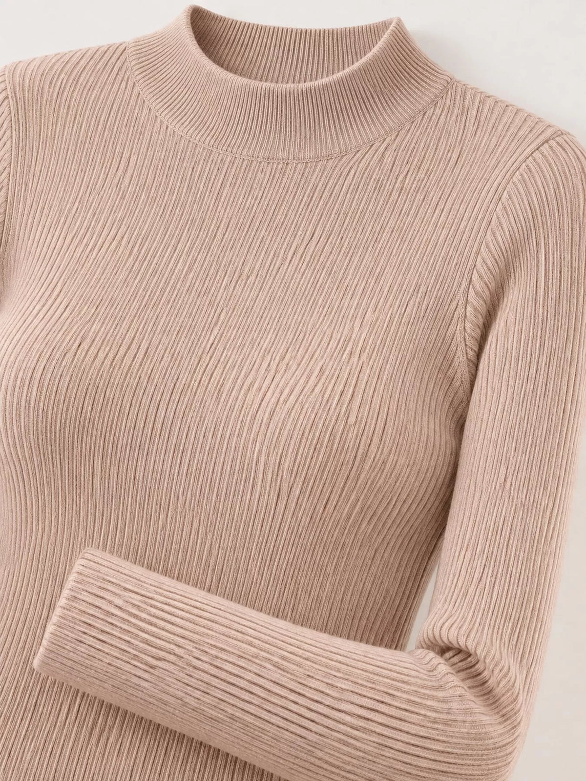 Beige ribbed mock neck long sleeve knit top, ribbed knit and neckline detail