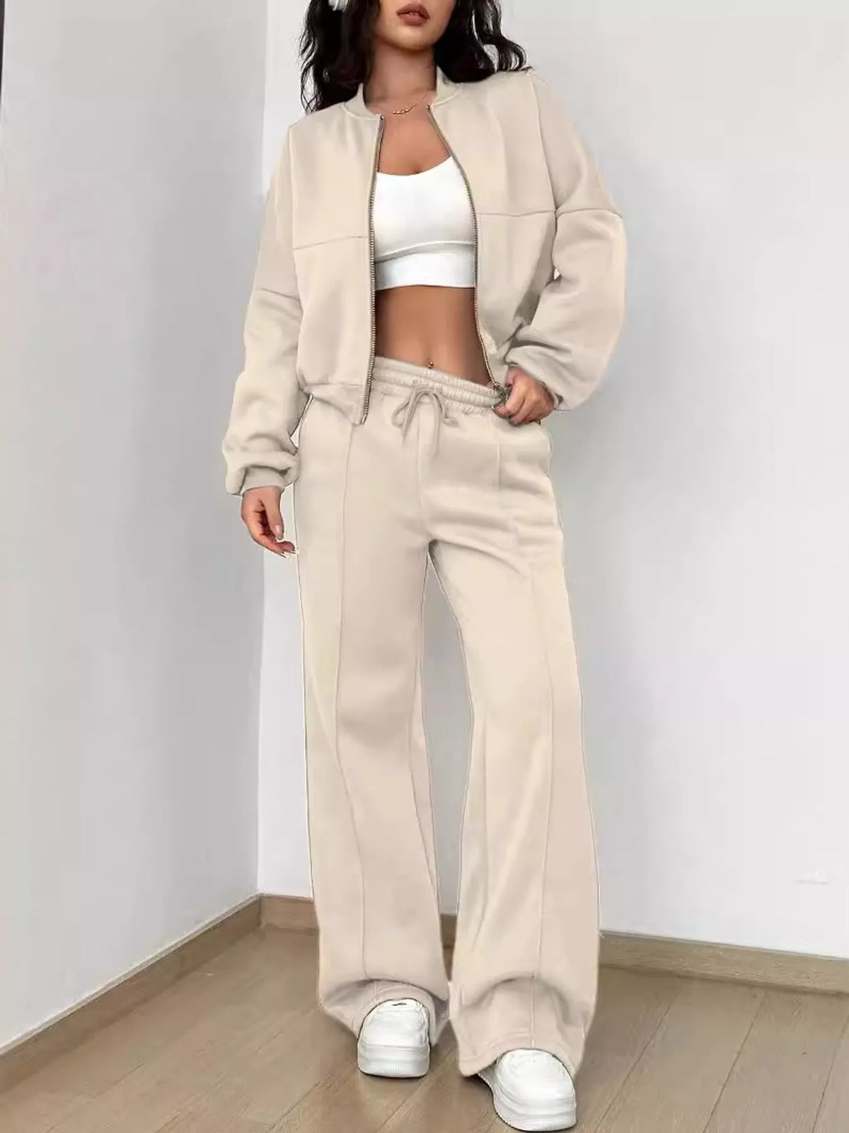 Zip jacket and pants set, beige set open front