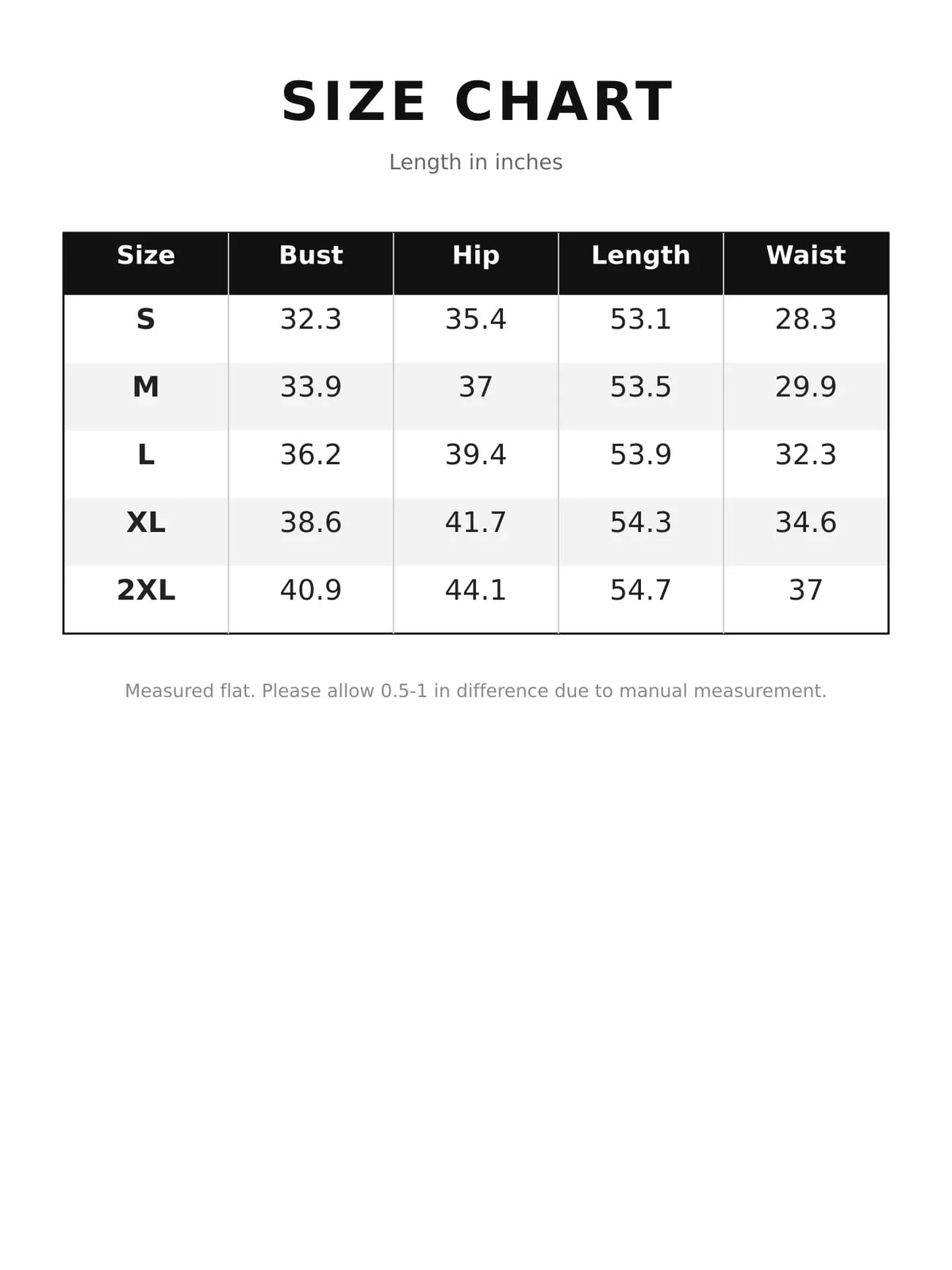 Size chart for bodycon maxi dress