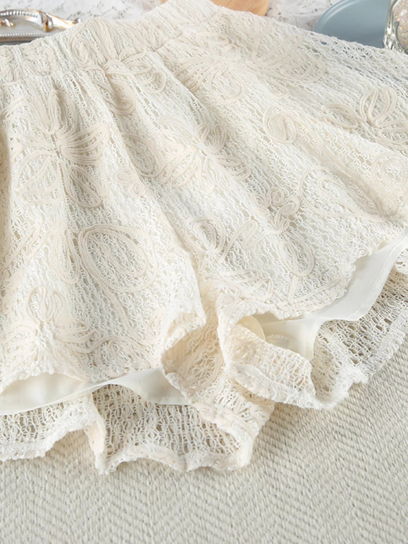 Trendsi Lace Crochet Tie Front Top and Shorts Two-Piece Lounge Set -