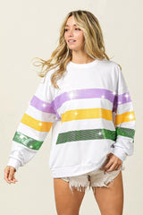 Trendsi BiBi Sequin Mardi Gras Striped Round Neck Sweatshirt -