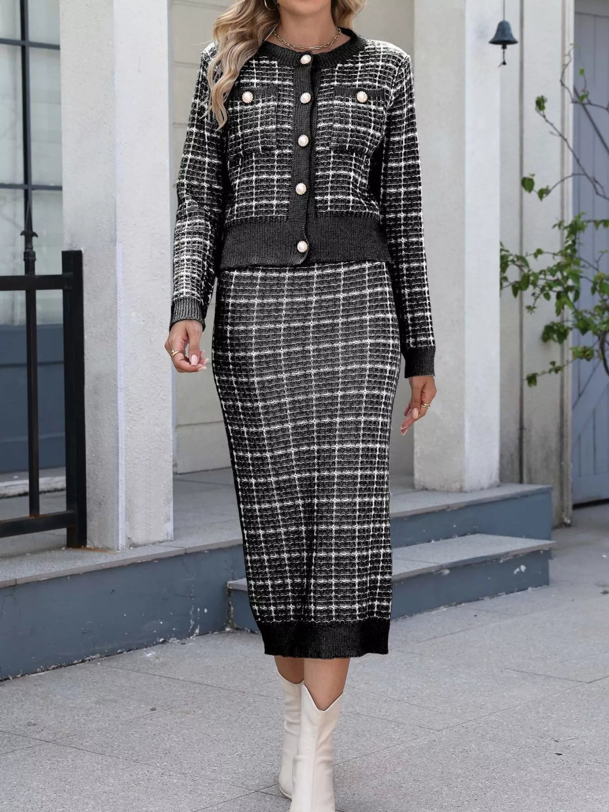 Plaid Cardigan and Midi Skirt Set