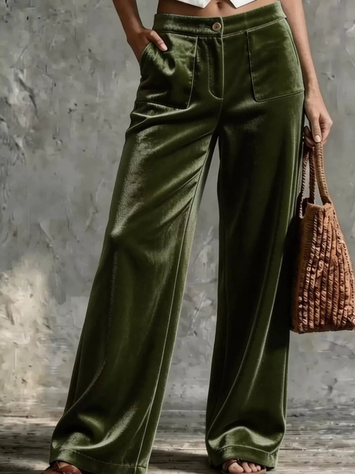 Army Green high-waisted wide-leg velvet pocket pants