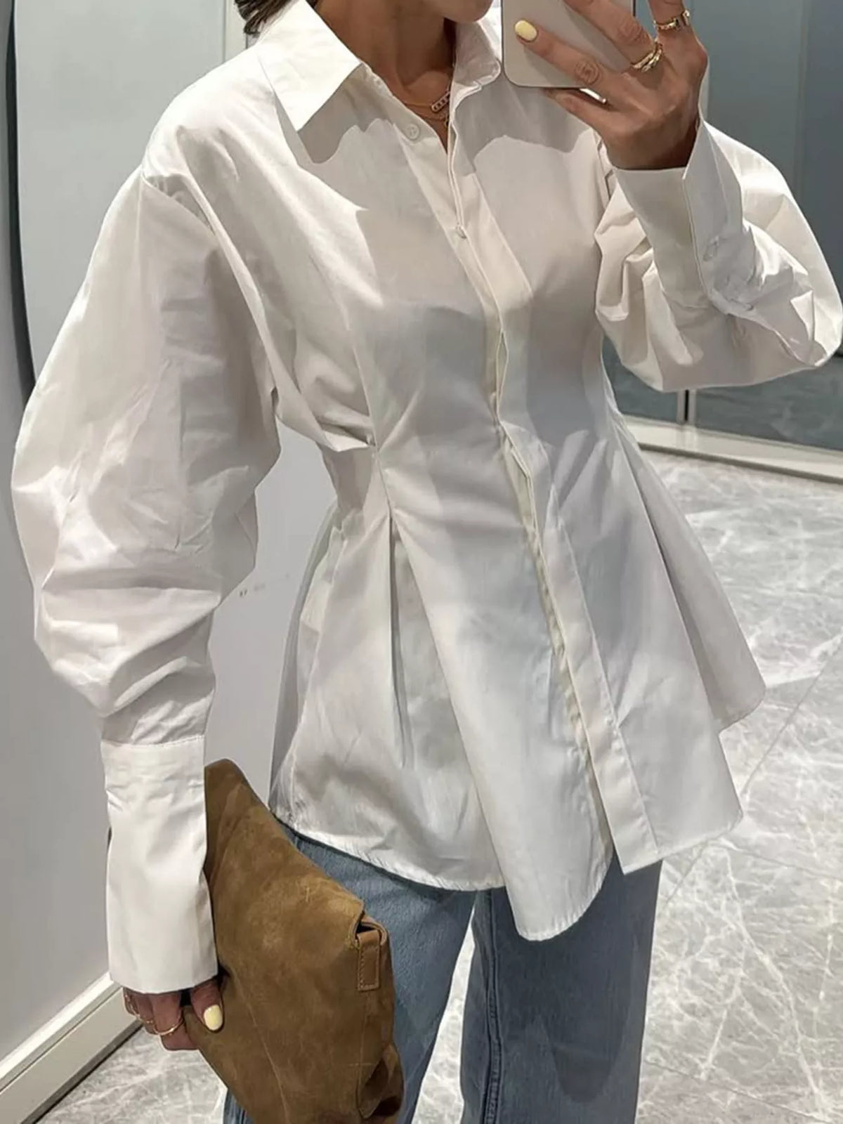 Button-Down Lantern Sleeve Shirt in white, front view