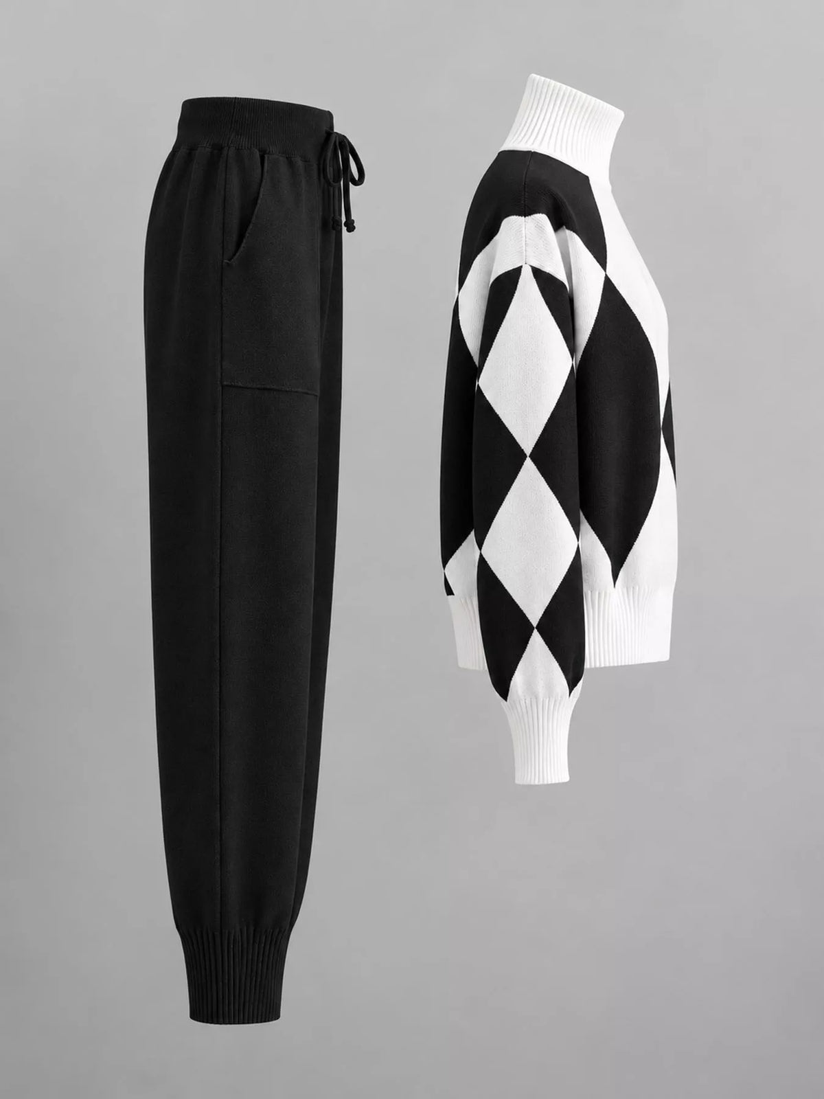 Argyle Pattern Mock Neck Sweater and Jogger Set — garment front