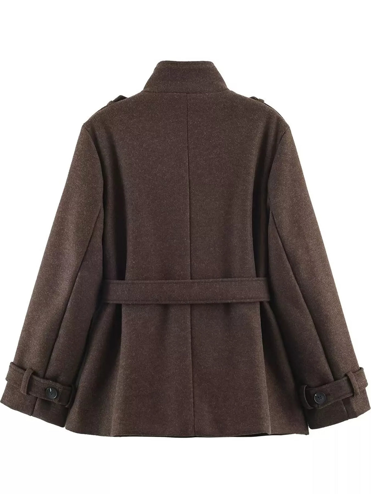 Stand-Collar Belted Button-Down Jacket — back view