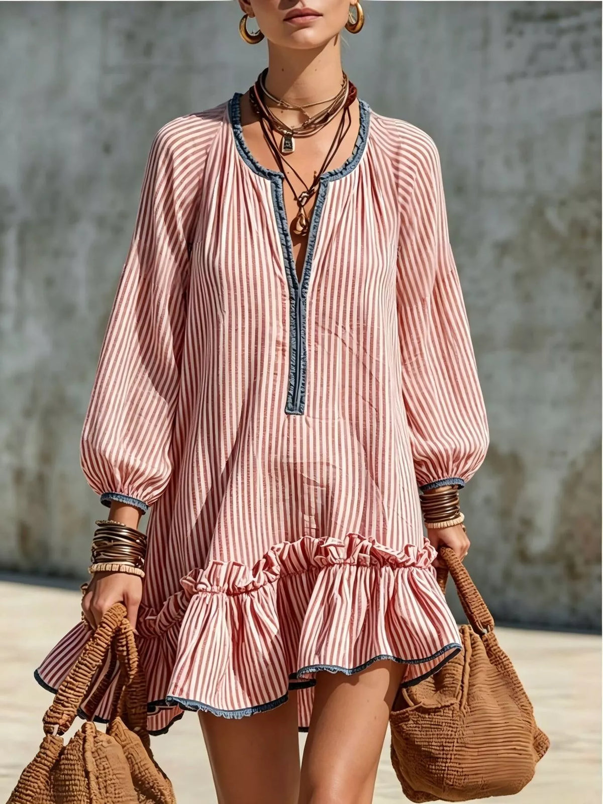 Trendsi Striped Ruffle Hem Mini Dress -