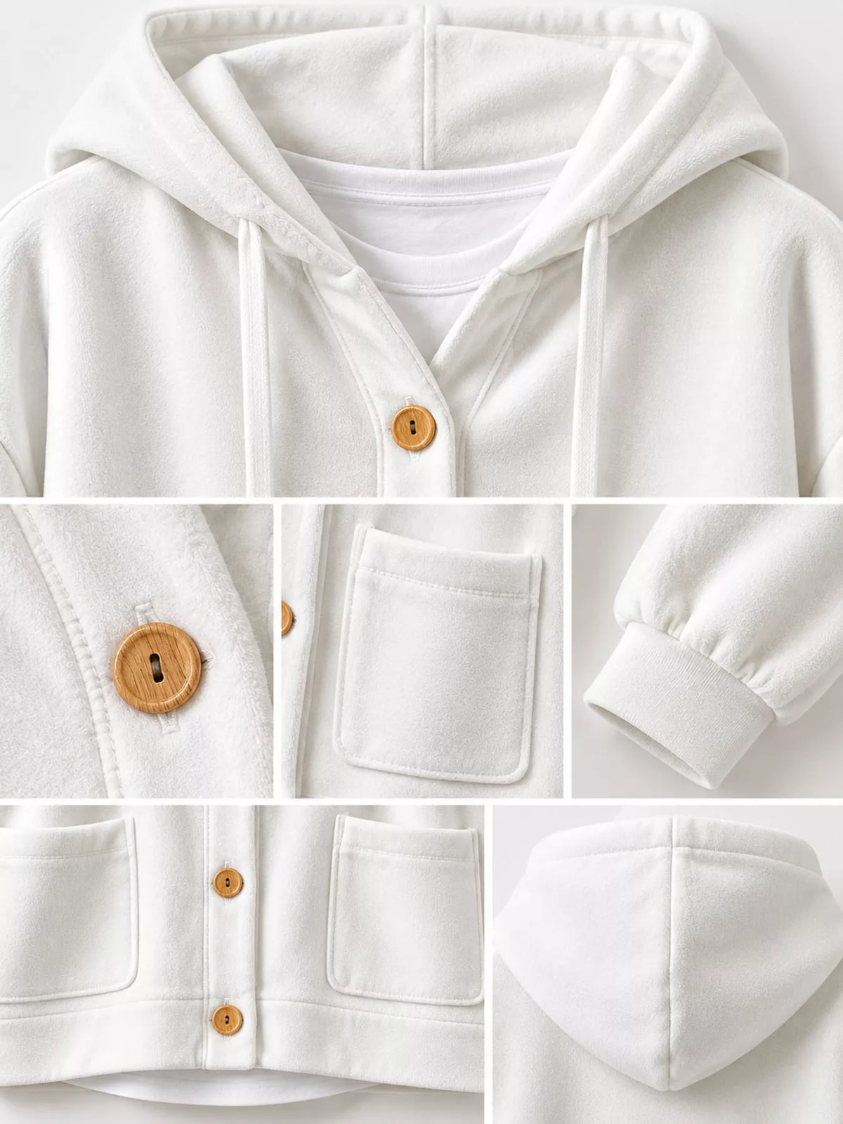White velvet dropped shoulder hoodie, detail view