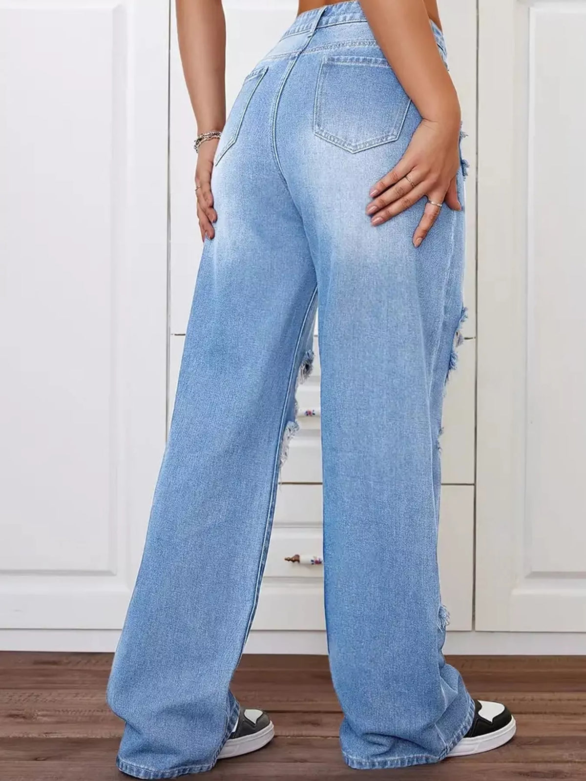 Distressed Wide-Leg Jeans in blue, back view