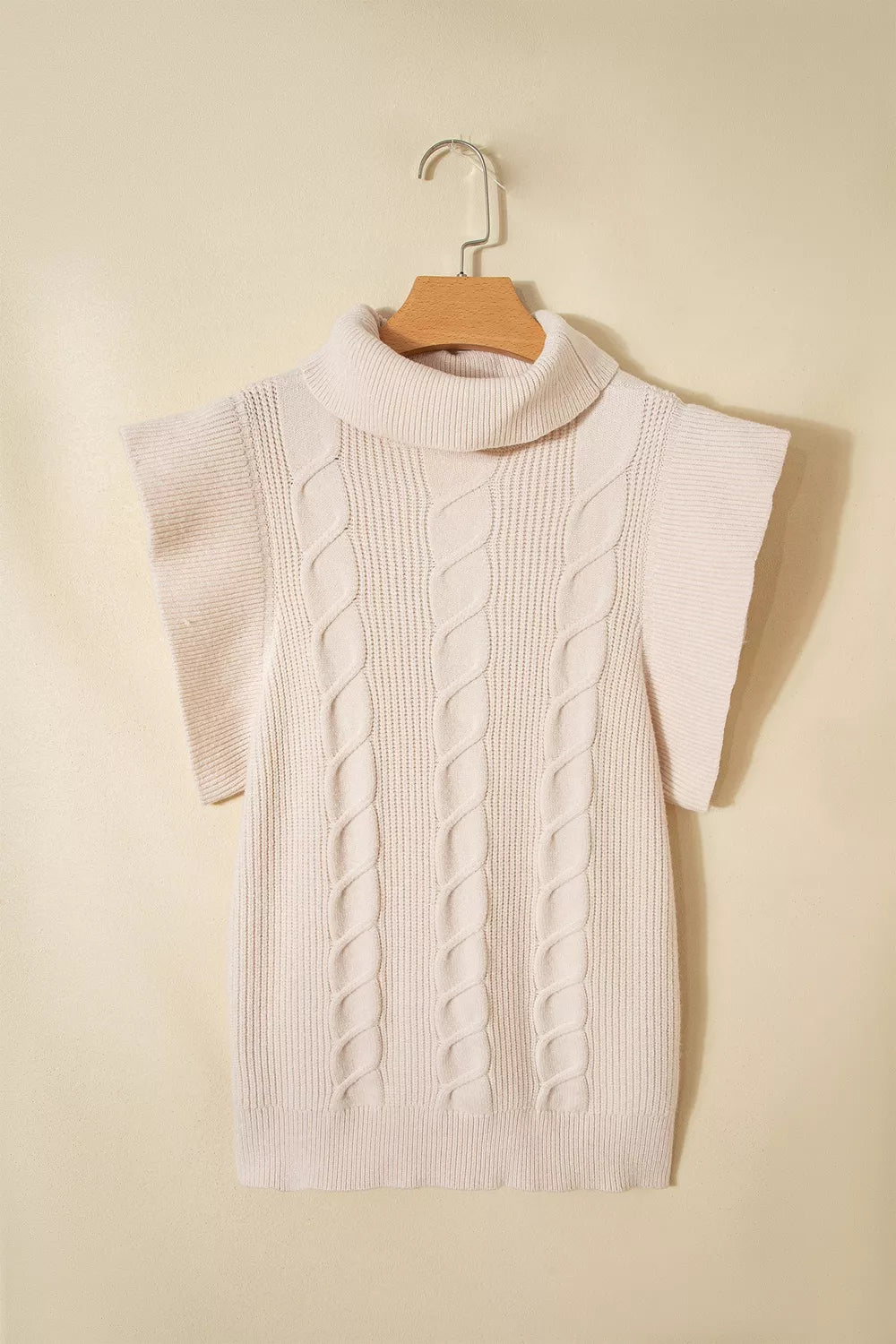 Trendsi Cable Knit Turtleneck Ruffled Short Sleeve Sweater -