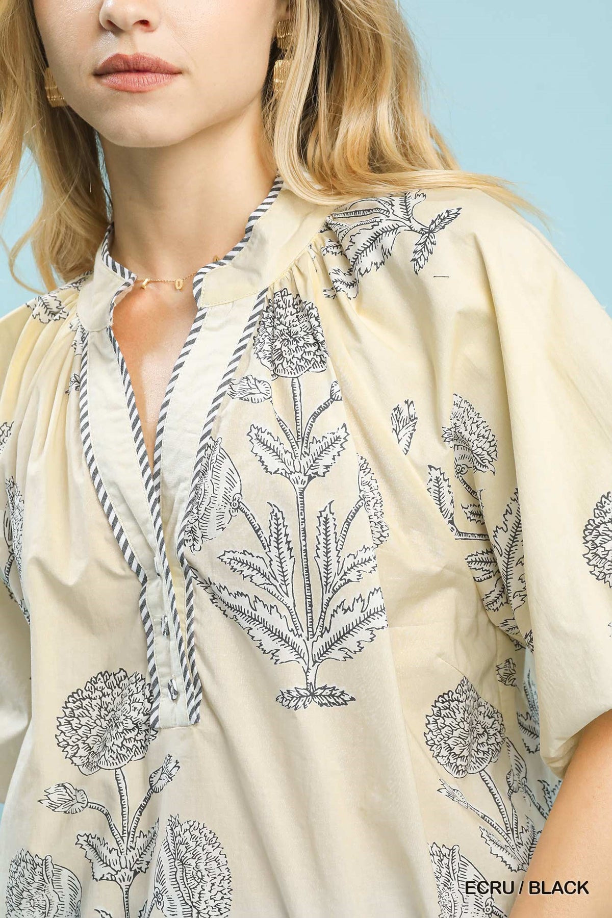 Women's Floral Cotton V-Neck Top With Striped Trim and Puff Sleeves — product view 5