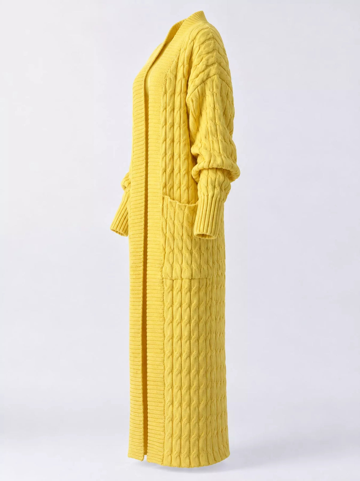 Yellow cable-knit longline open-front cardigan