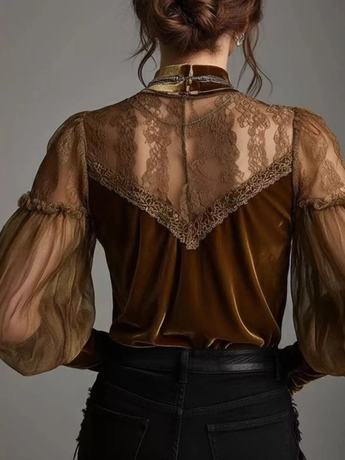 Brown velvet and lace mock neck blouse, back view