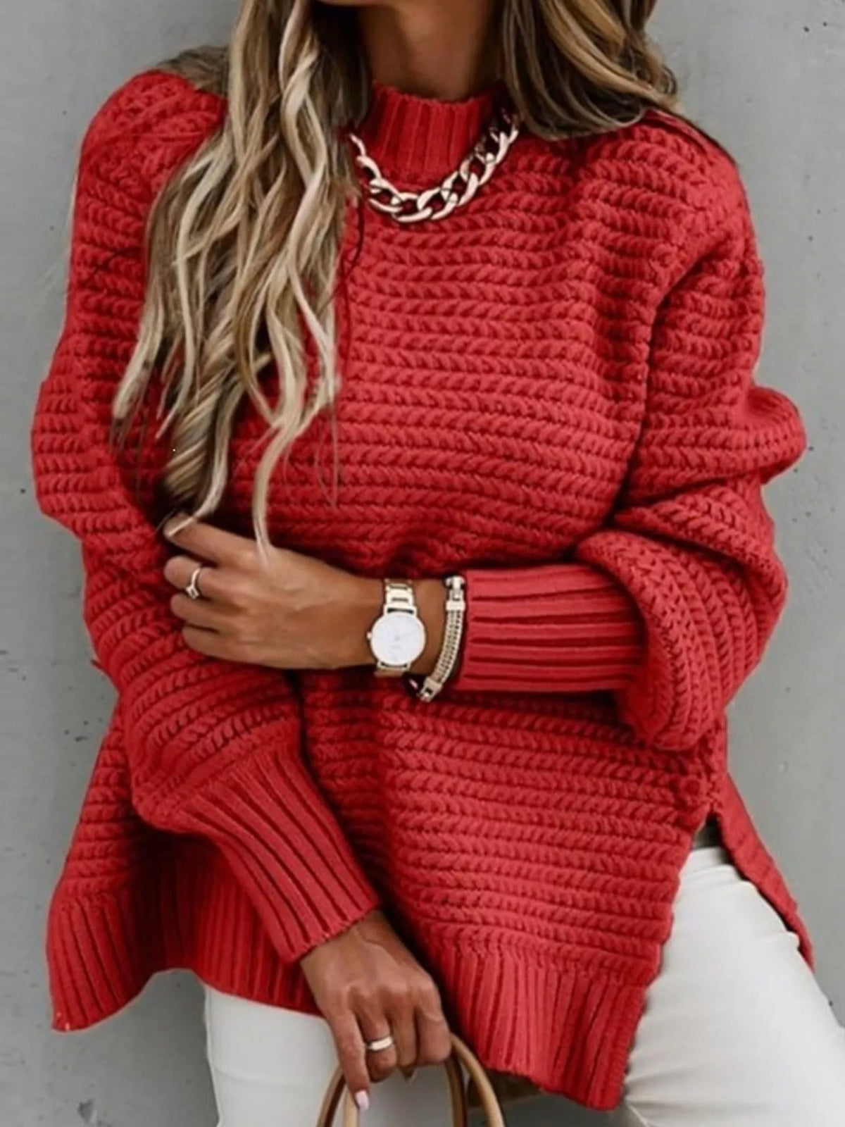 Round neck long sleeve sweater, front view on model