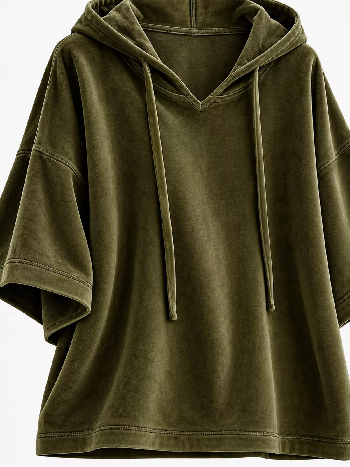 Green velvet half sleeve hoodie with drawstring, hood, short sleeves, and drawstrings
