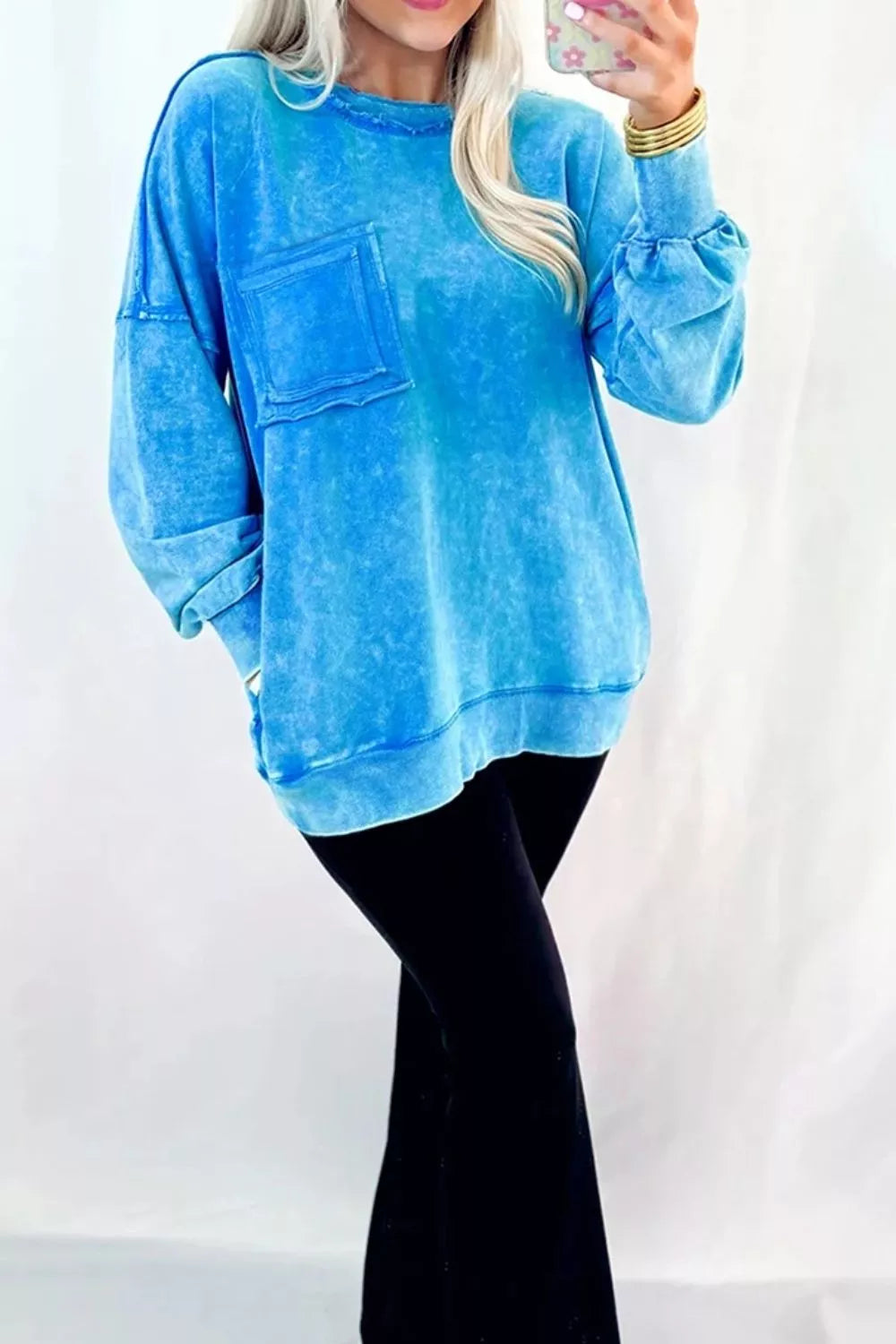 Trendsi Mineral Wash Oversized Sweatshirt with Chest Pocket -