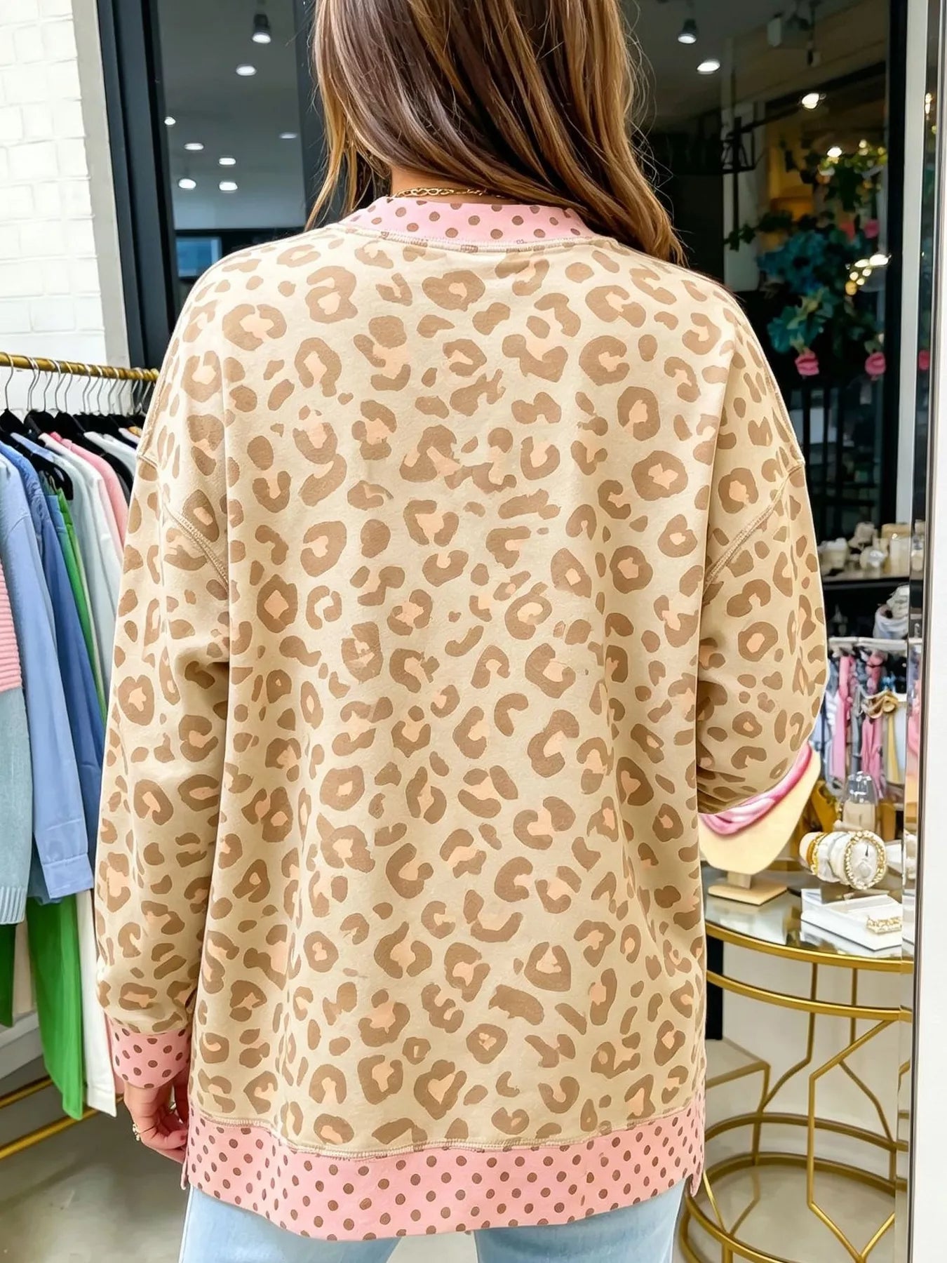 Trendsi Side Slit Leopard Sweatshirt with Polka Dot Trim -