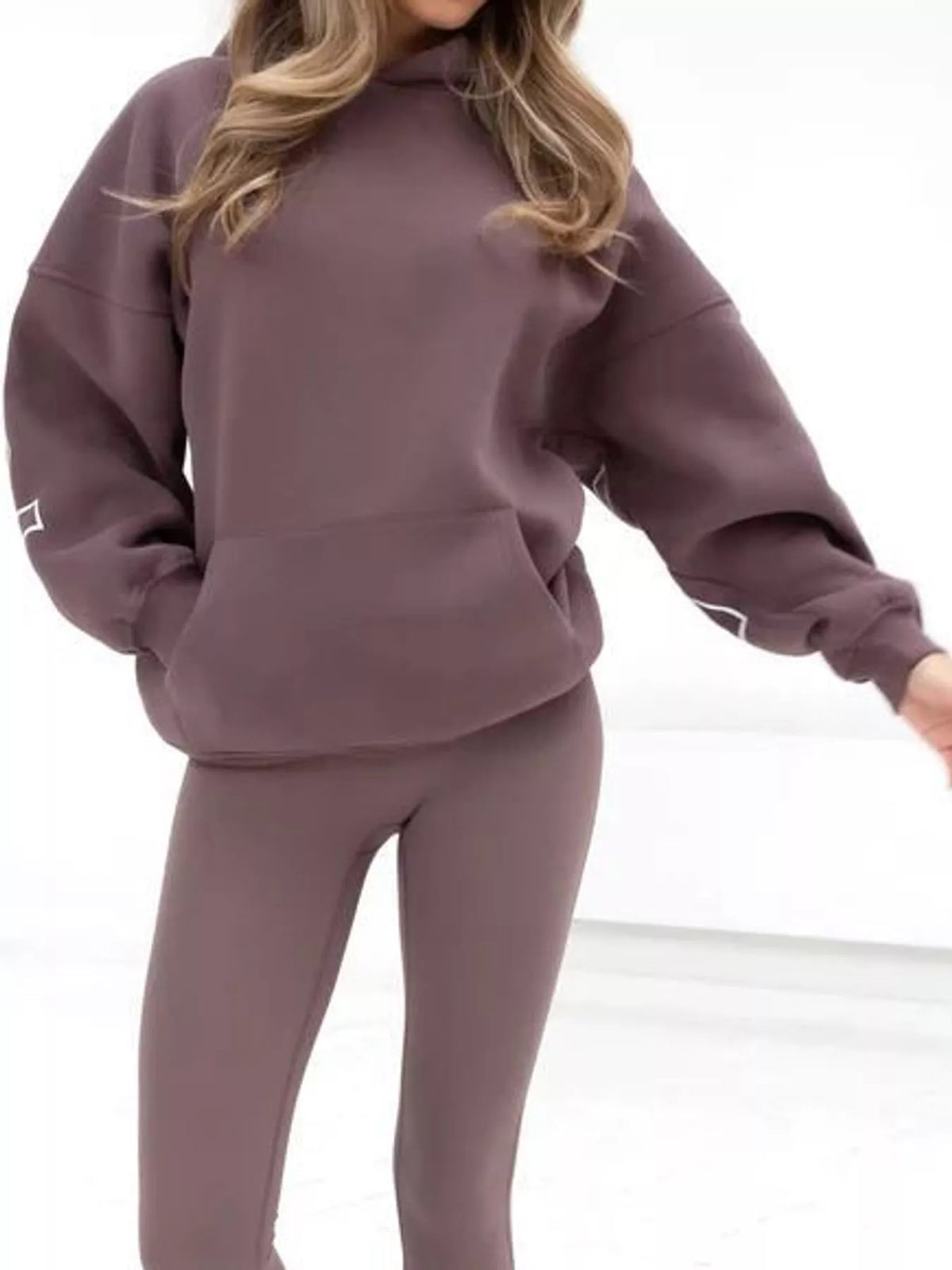 Mauve letter-print pullover hoodie with kangaroo pocket