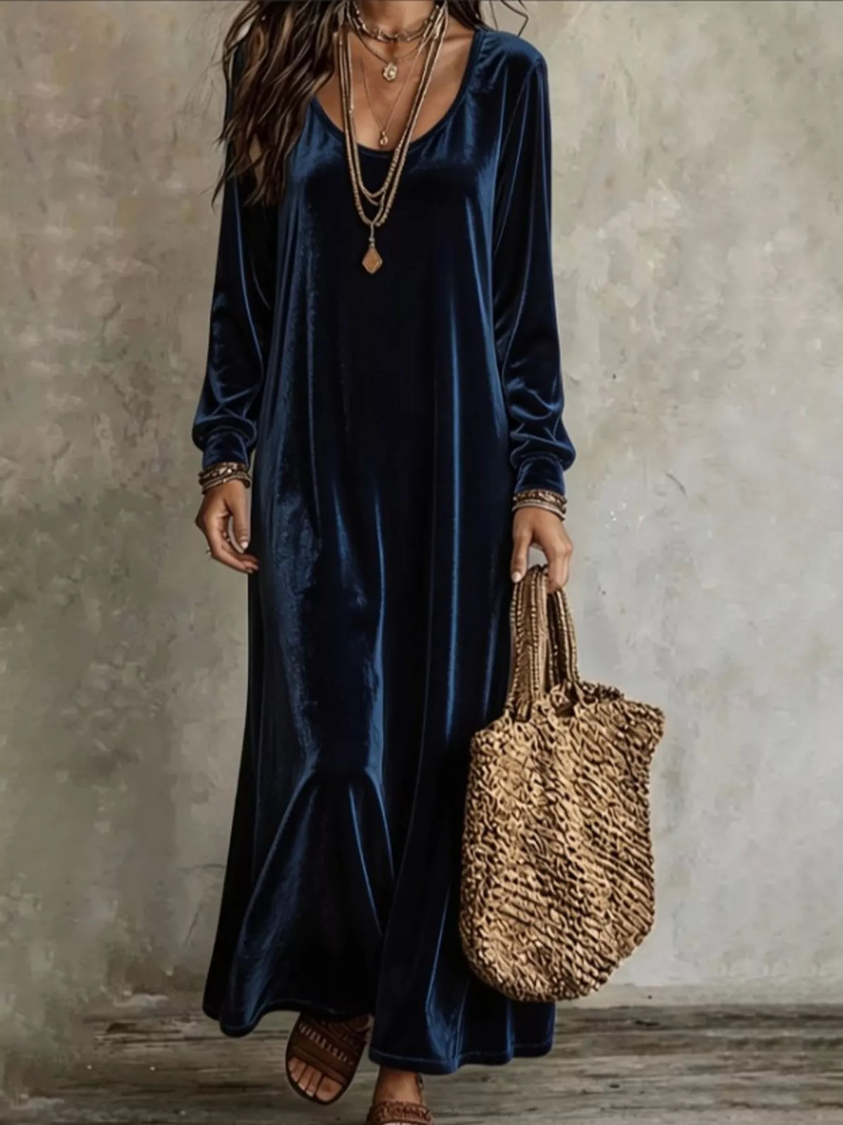 Velvet maxi dress, navy front