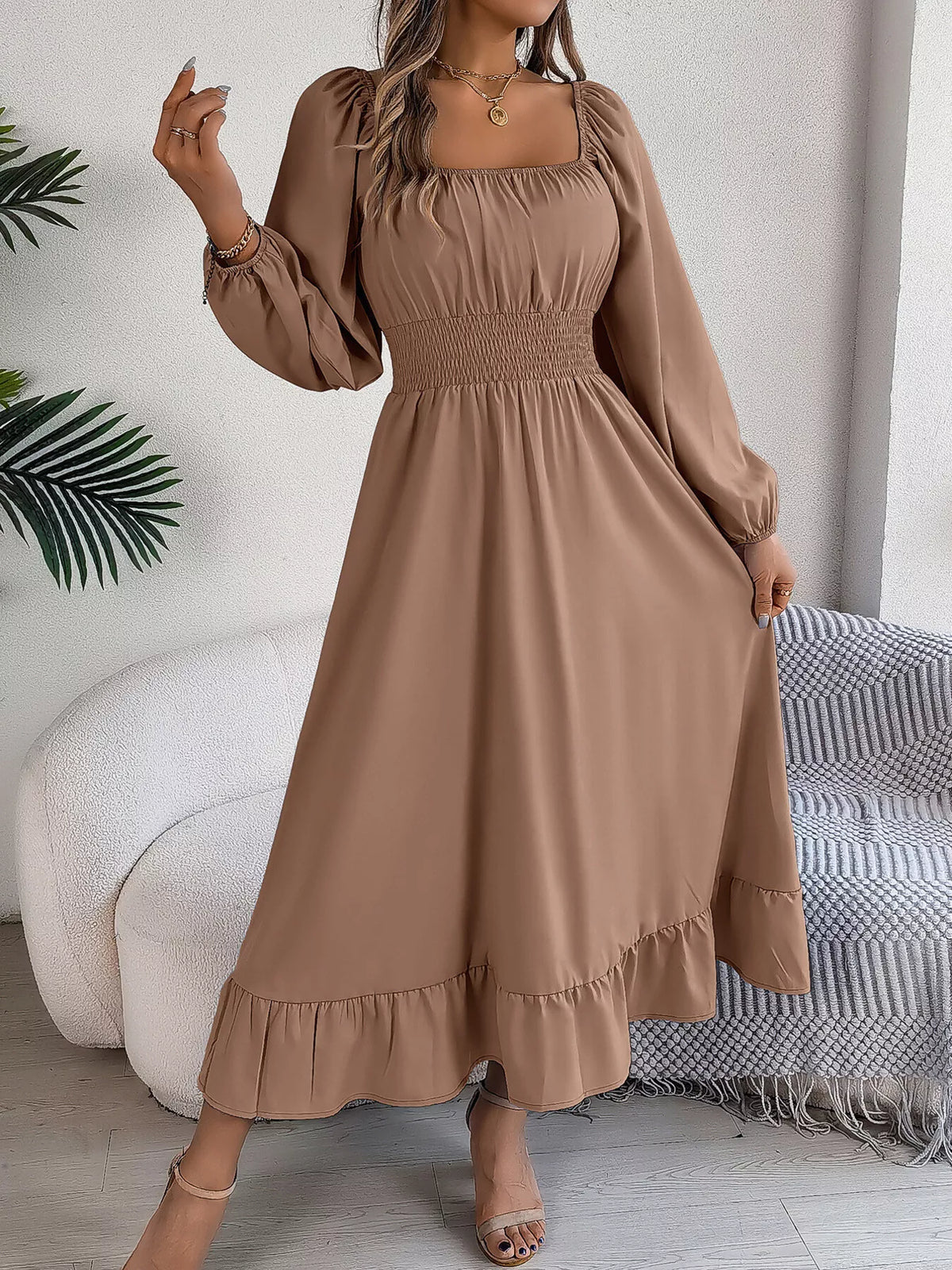 Dark Green square neck smocked waist long sleeve midi dress