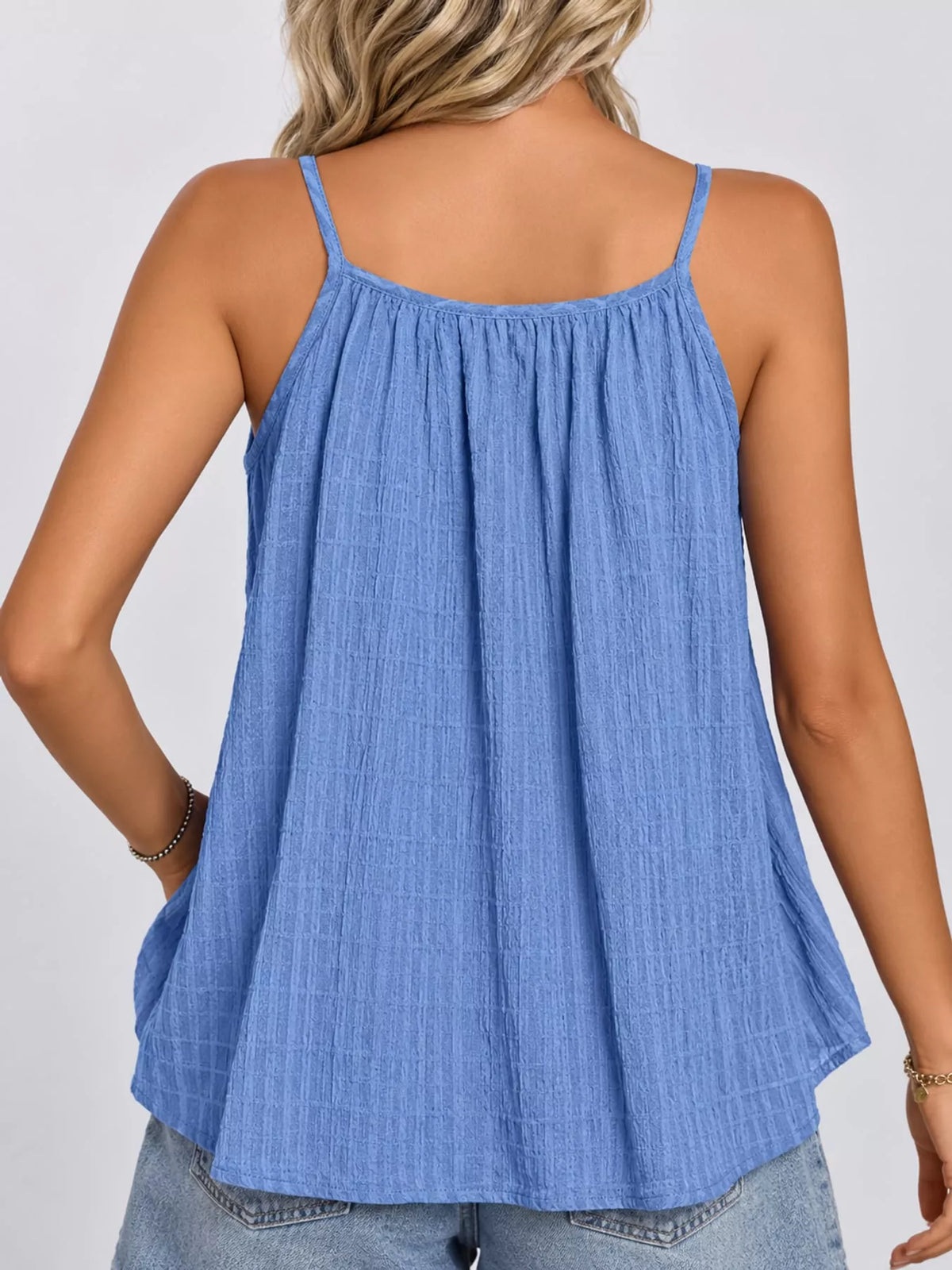 Blue textured cami, back view