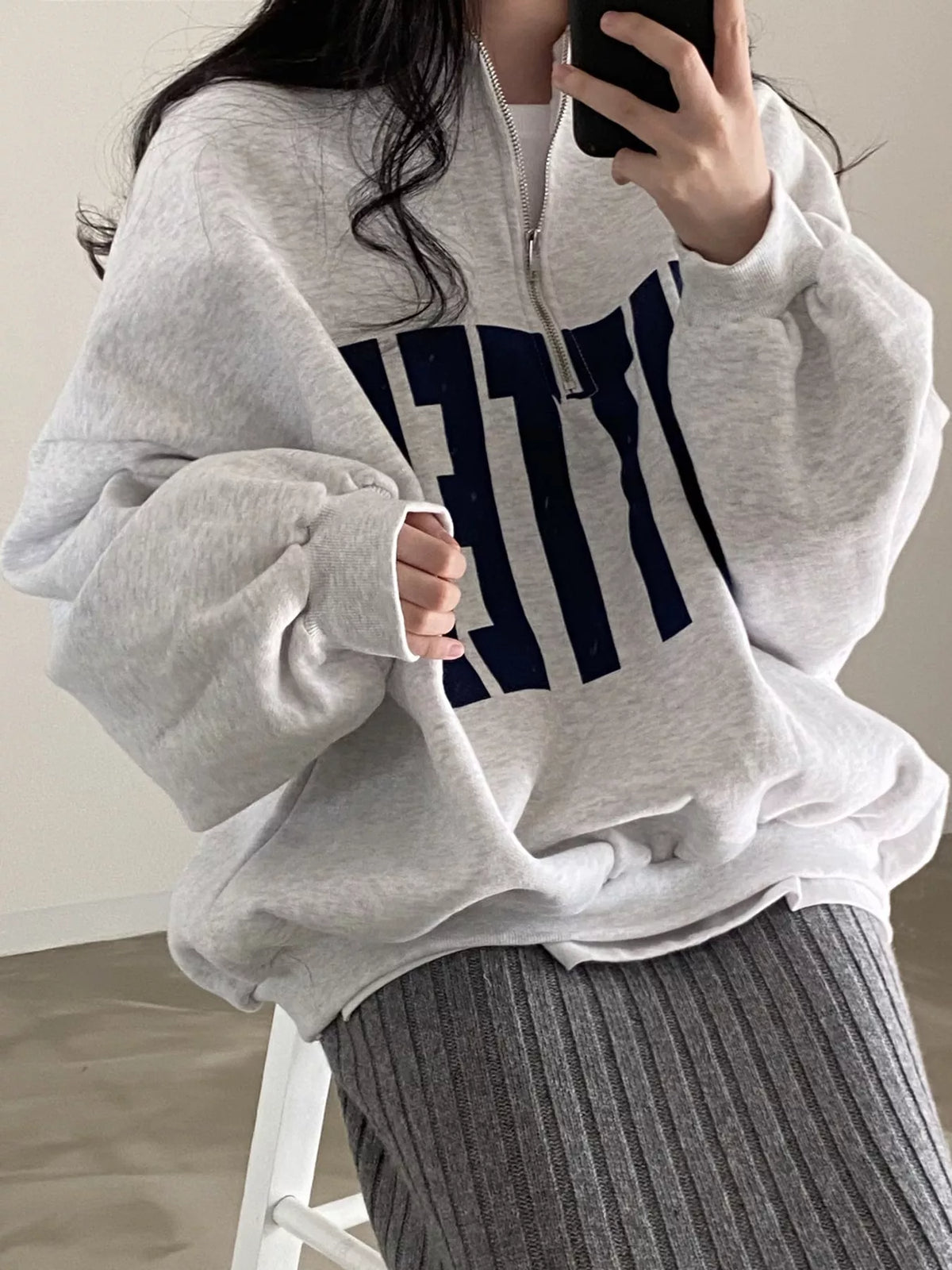 Women's Half-Zip Letter Graphic Sweatshirt in gray — front view