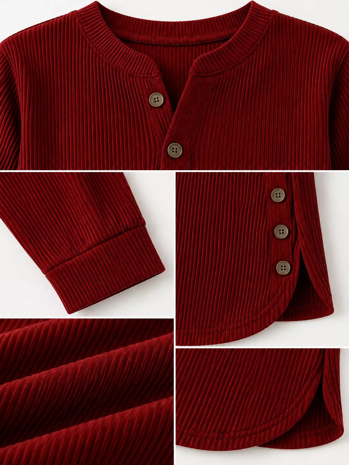Burgundy button detail long sleeve top, detail view