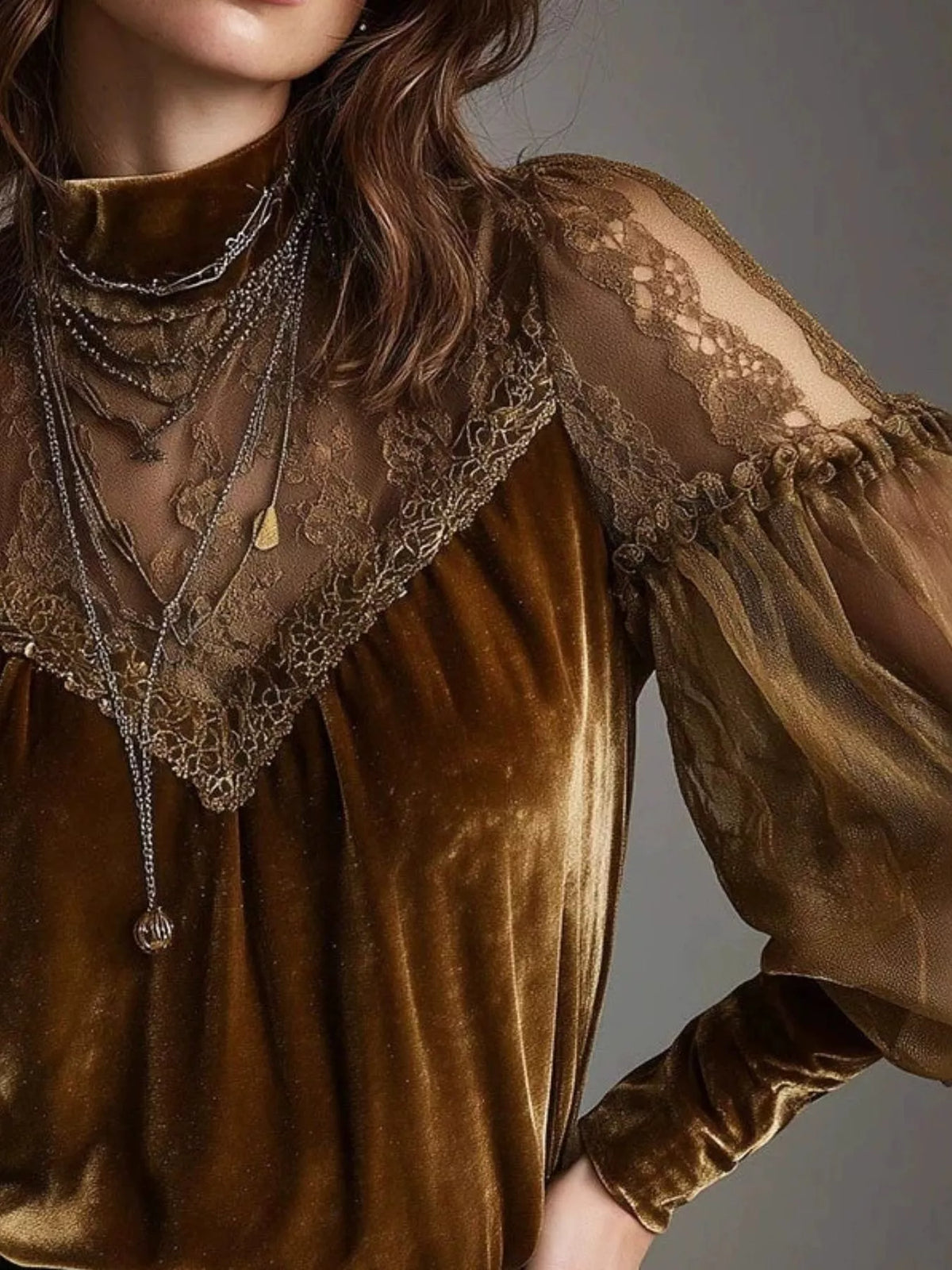 Brown velvet and lace mock neck blouse