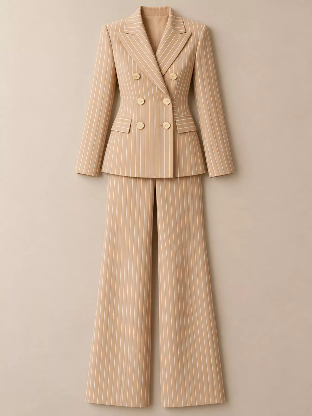 Pinstripe pantsuit, tan hanging suit