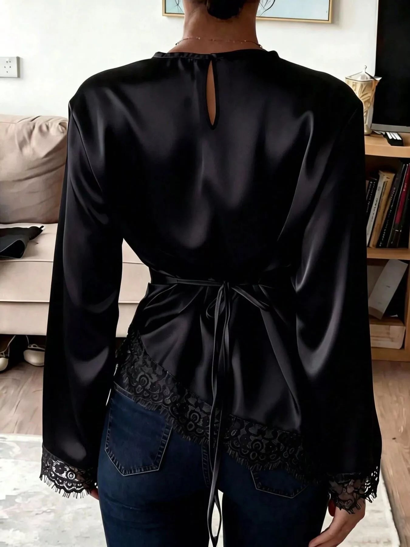 Trendsi Satin Lace Trim Flare Sleeve Blouse -