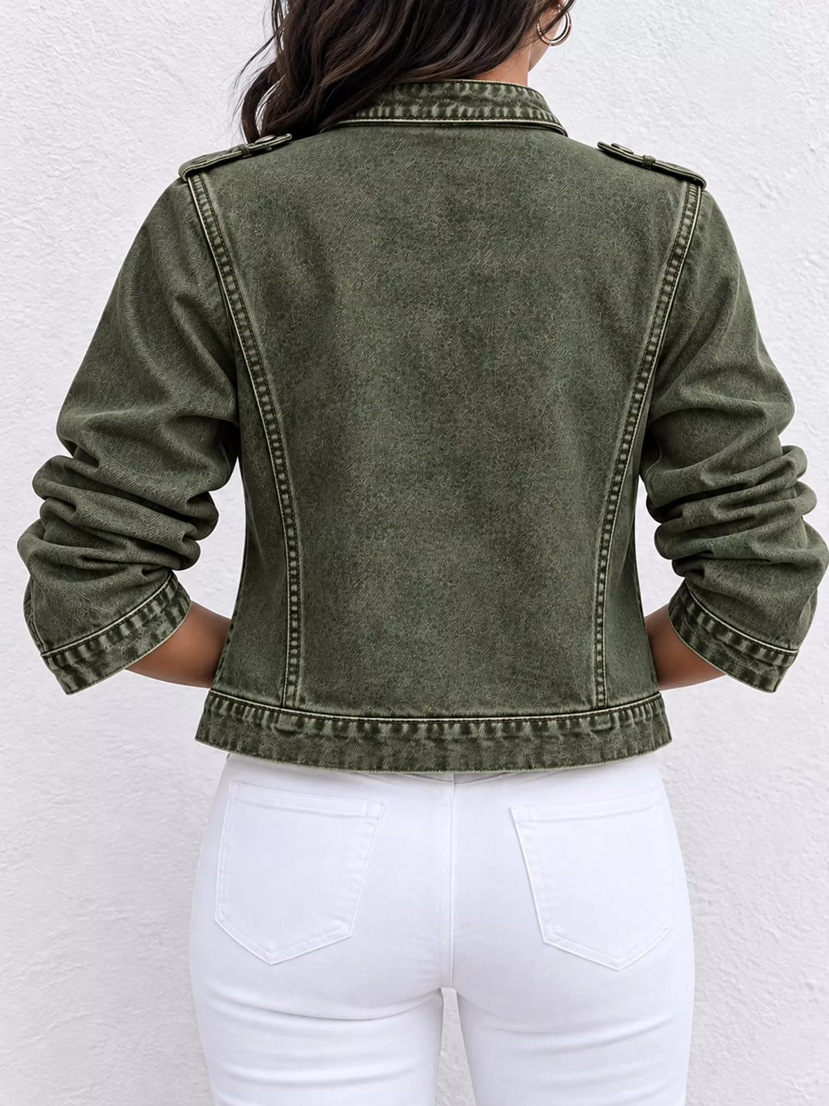 Decorative Button Cropped Denim Jacket — back view
