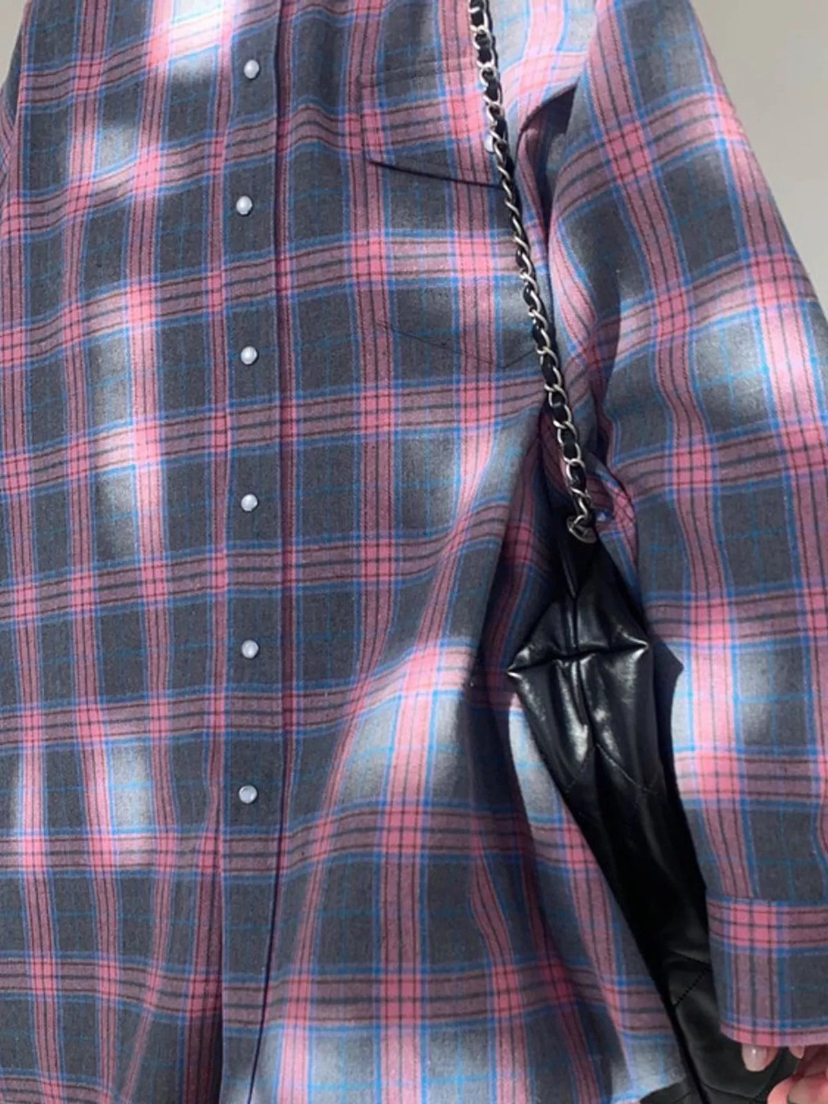 Pink and gray plaid button-up shirt with chest pockets