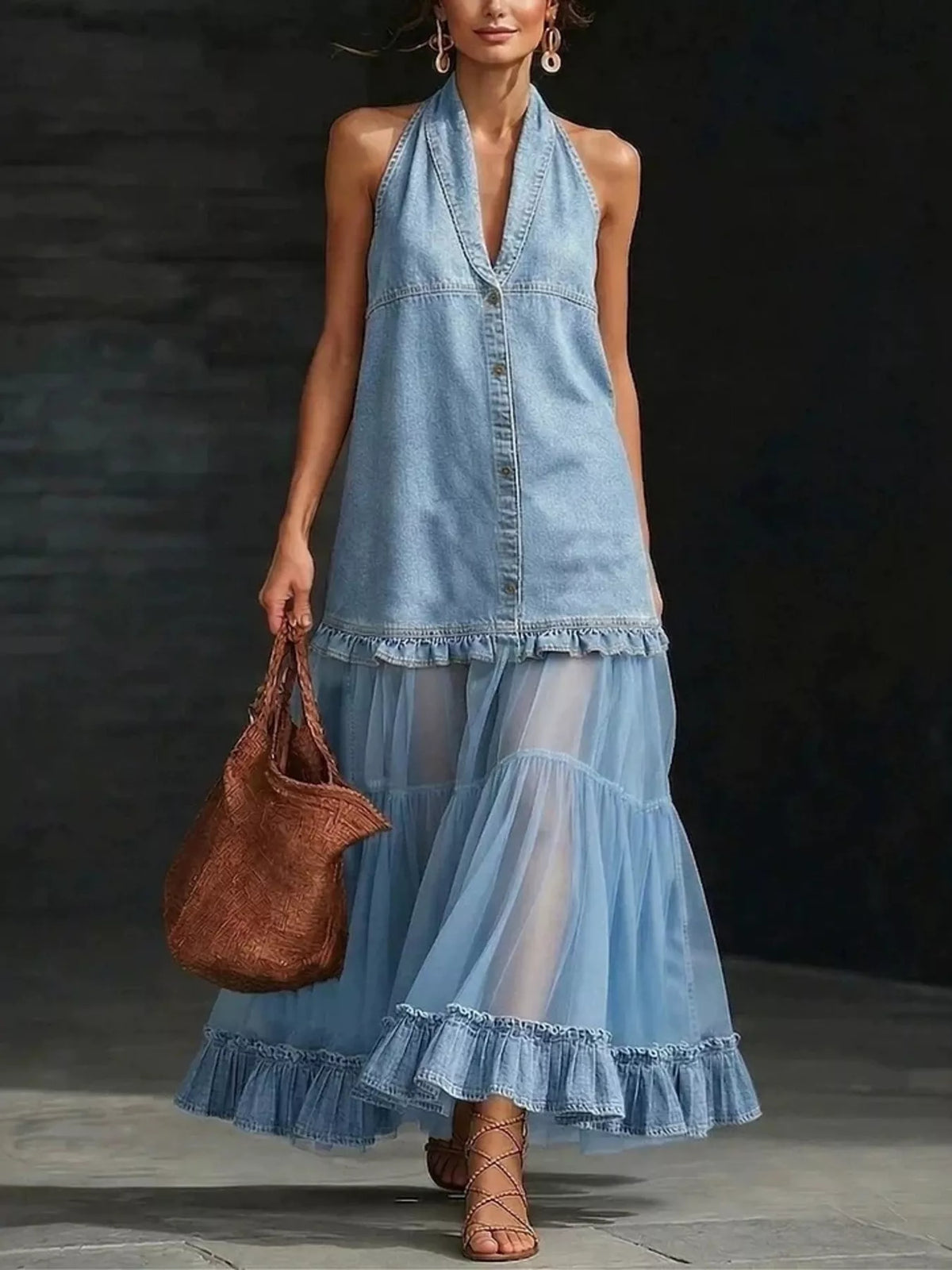 Light Blue Denim-Look Mesh Ruffle-Hem Maxi Dress front view