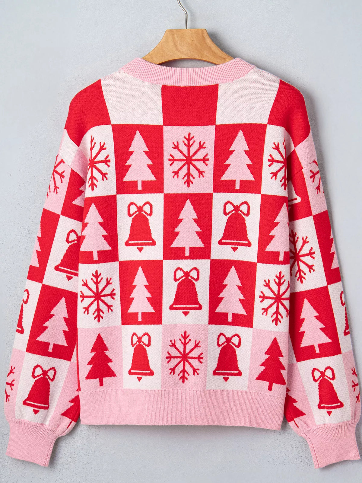 Pink and red Christmas patchwork round neck sweater — back view